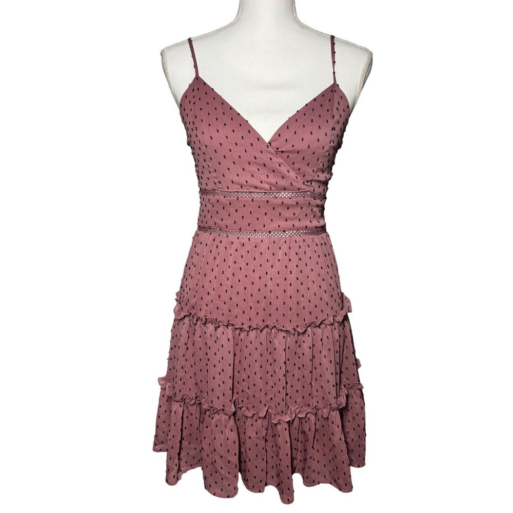 Altar'd State Tiered Clip Dot Ruffle Mini Dress S Pink Excellent V-Neck